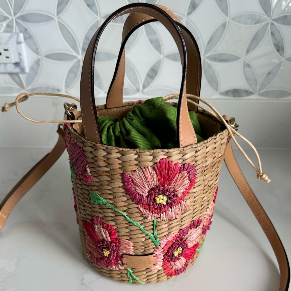 Frances Valentine raffia poppy embroidered bucket bag